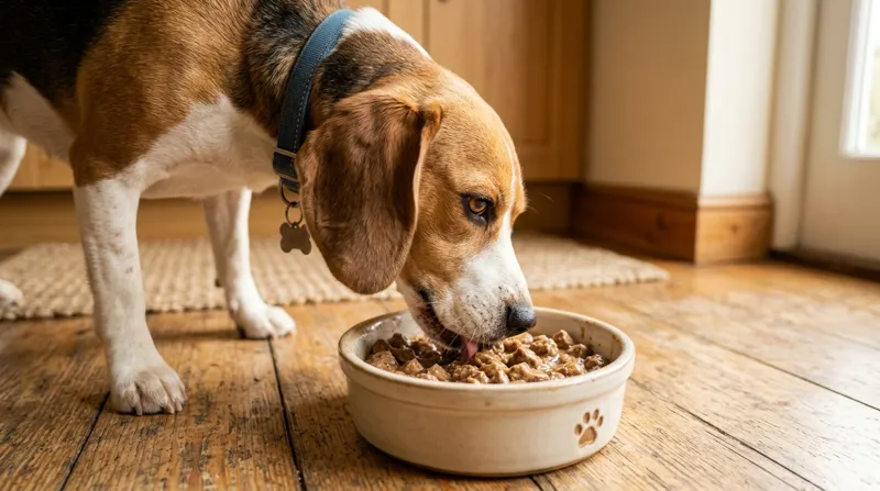 Beagle eating wet food from a bowl